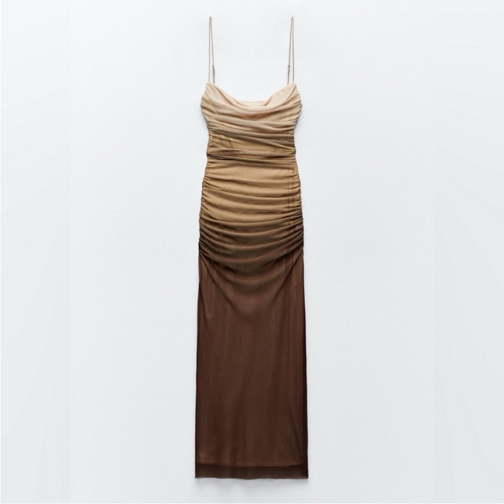 Zara ruched tulle midi dress (brown ombré)